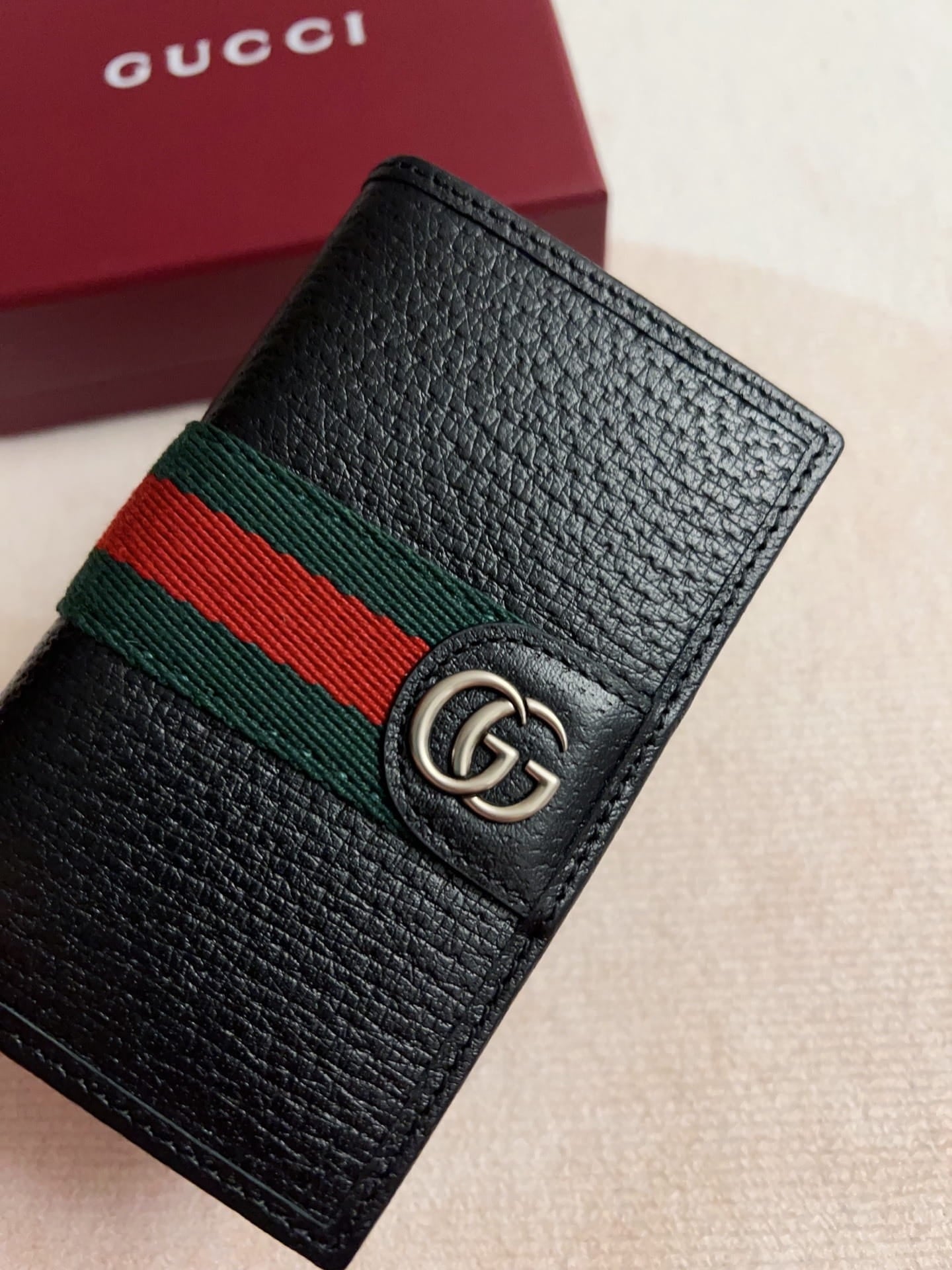 Gucci Men's Ophidia Black Leather Card Case Wallet with Web Stripe