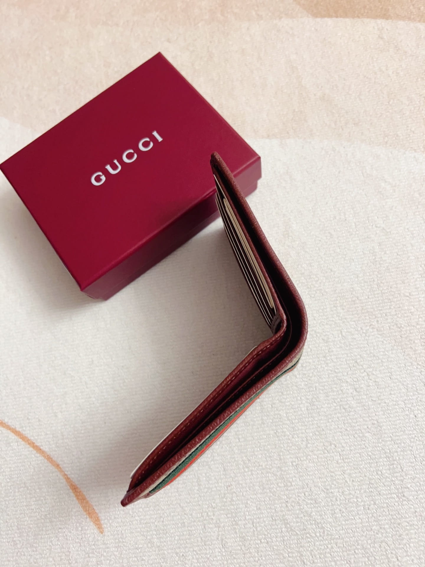Gucci Men's Ophidia GG Supreme Bi-fold Wallet with Web Stripe - Burgundy Leather Trim
