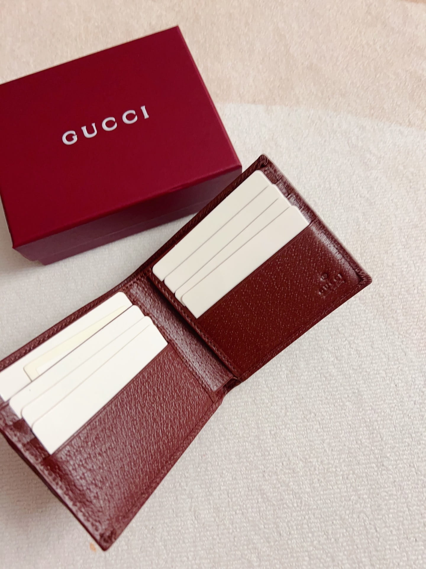 Gucci Men's Ophidia GG Supreme Bi-fold Wallet with Web Stripe - Burgundy Leather Trim
