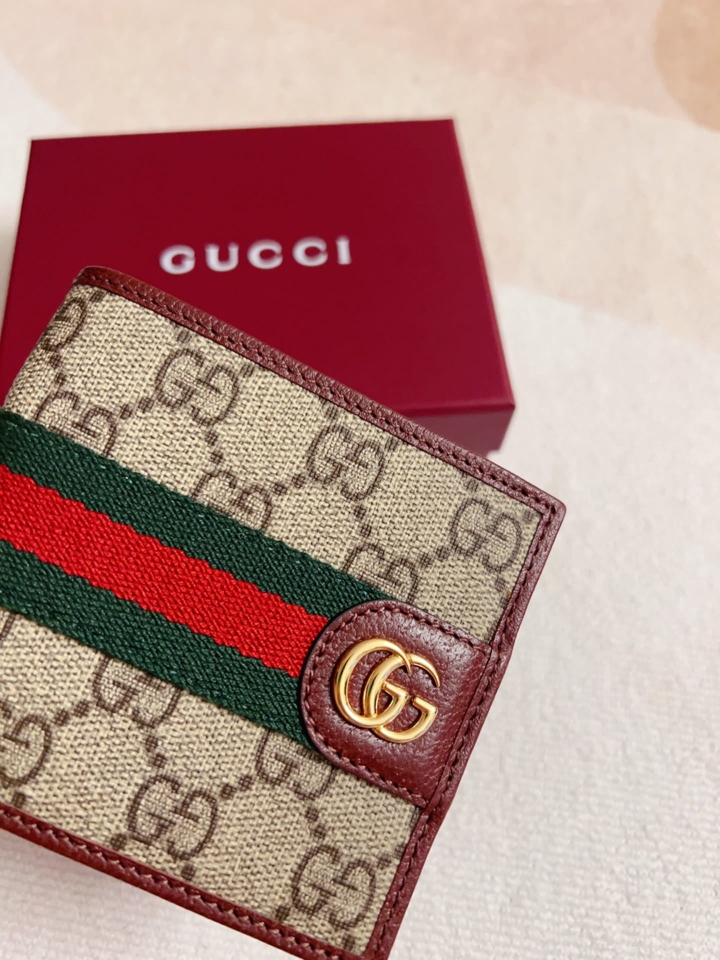Gucci Men's Ophidia GG Supreme Bi-fold Wallet with Web Stripe - Burgundy Leather Trim