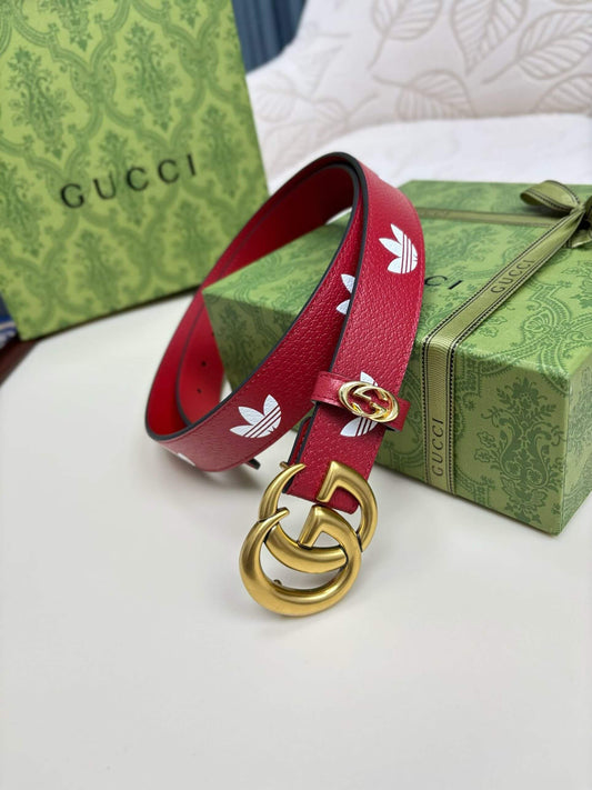 Gucci x adidas Women's GG Marmont Belt Red/White with Gold-Tone Double G Buckle
