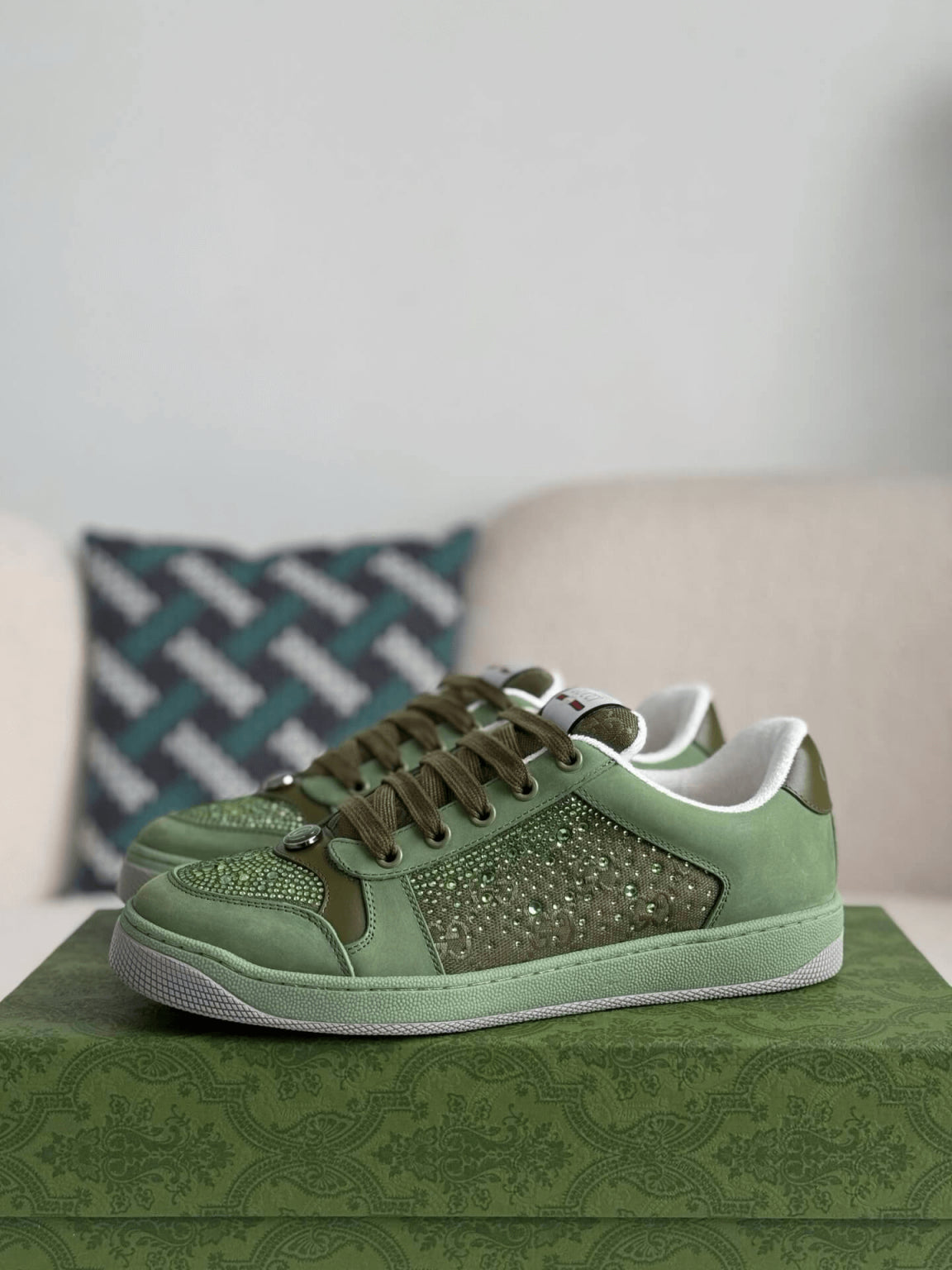 Gucci Low-Top Sneaker – Green Suede & Crystal GG Canvas