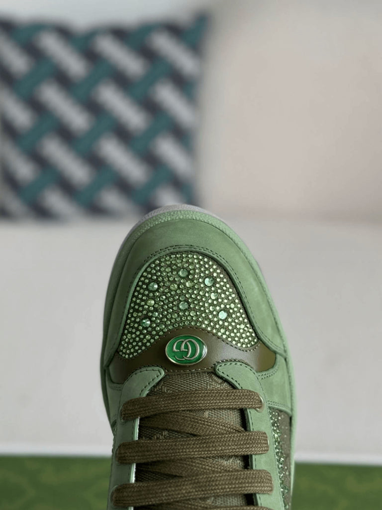 Gucci Low-Top Sneaker – Green Suede & Crystal GG Canvas