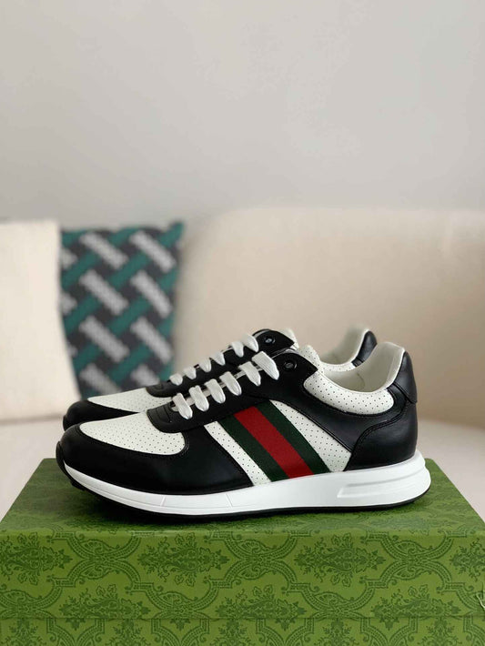 Gucci Mac80 Sneaker – Black & White Leather with Green/Red Web
