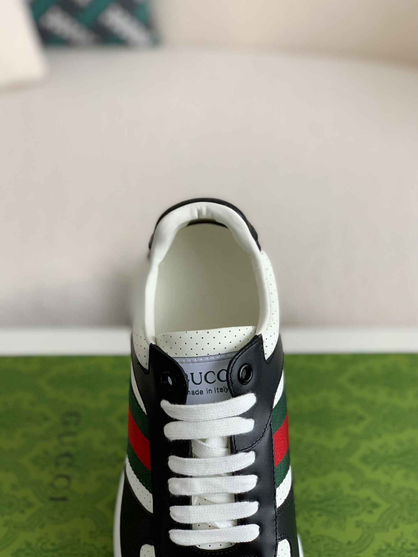 Gucci Mac80 Sneaker – Black & White Leather with Green/Red Web