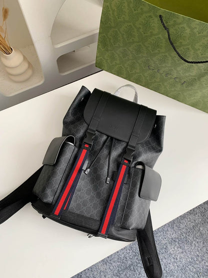 Gucci Men's Black Stripe GG Supreme Backpack.