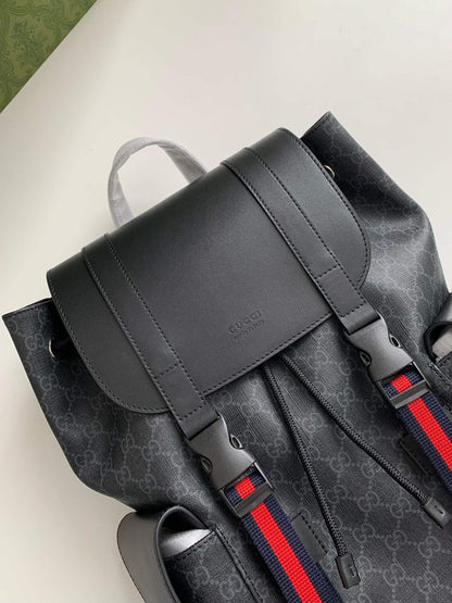 Gucci Men's Black Stripe GG Supreme Backpack.