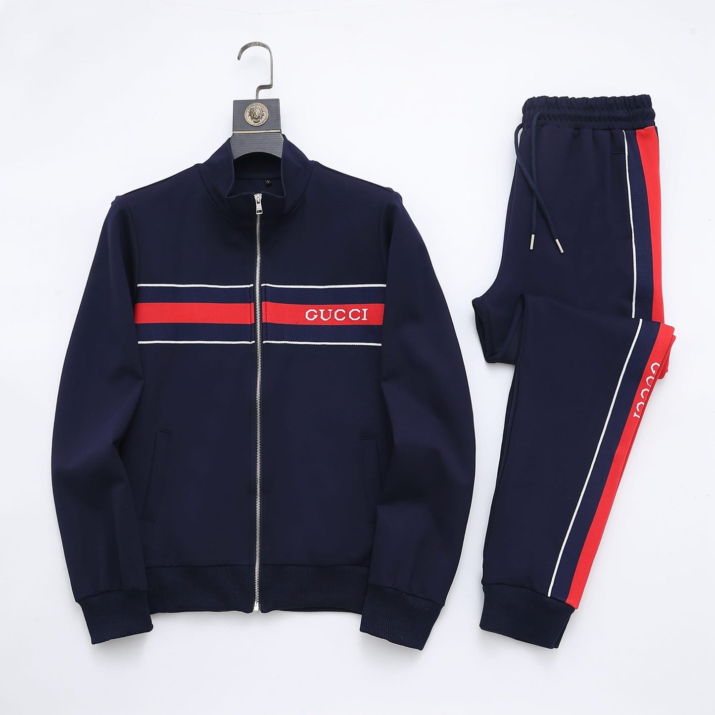 Gucci Web Stripe Tracksuit Set - Navy Blue Technical Knit Zip Jacket & Pants