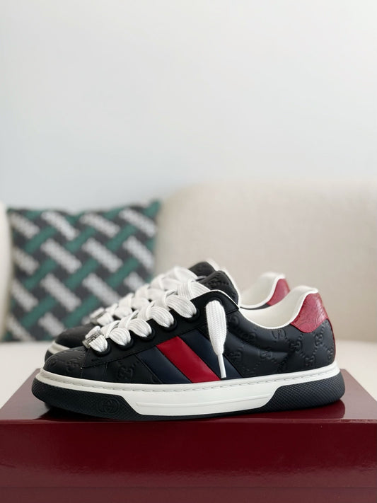 Gucci Re-Web Sneaker – Black GG Embossed Leather with Red & Blue Web