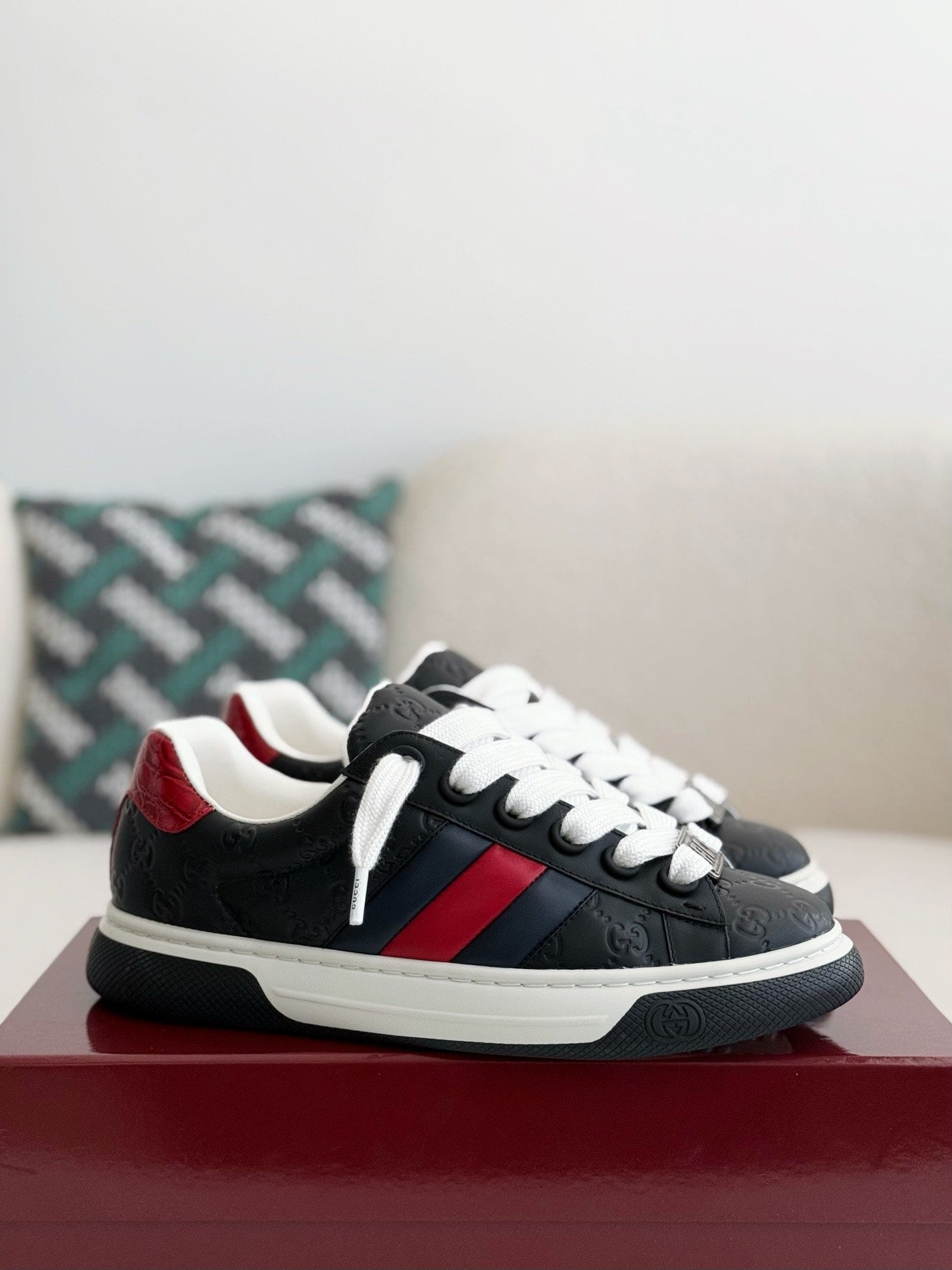 Gucci Re-Web Sneaker – Black GG Embossed Leather with Red & Blue