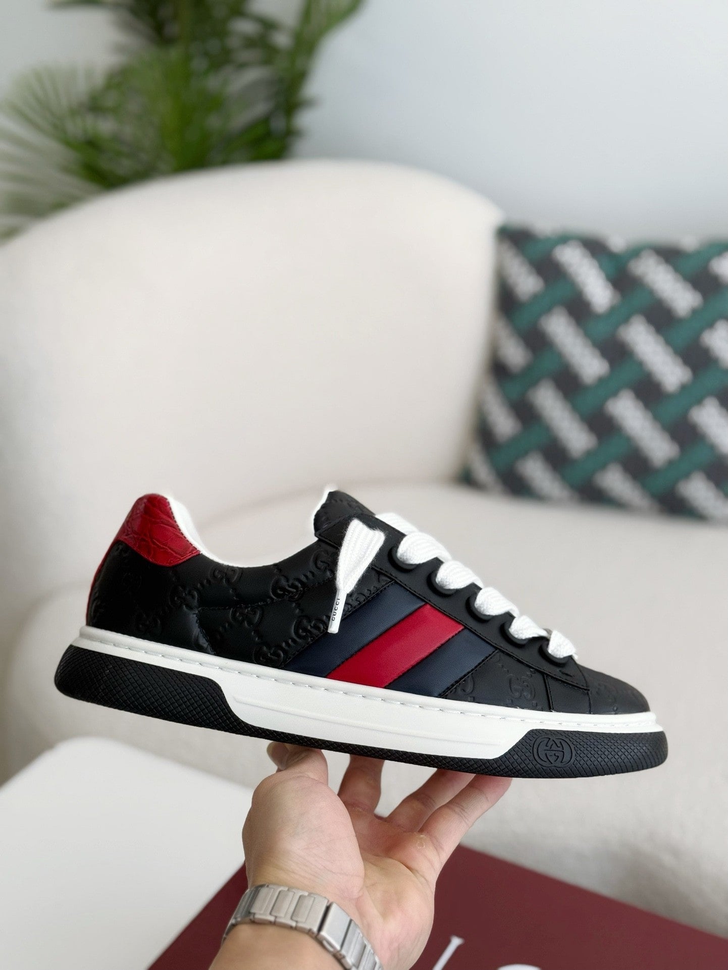 Gucci Re-Web Sneaker – Black GG Embossed Leather with Red & Blue