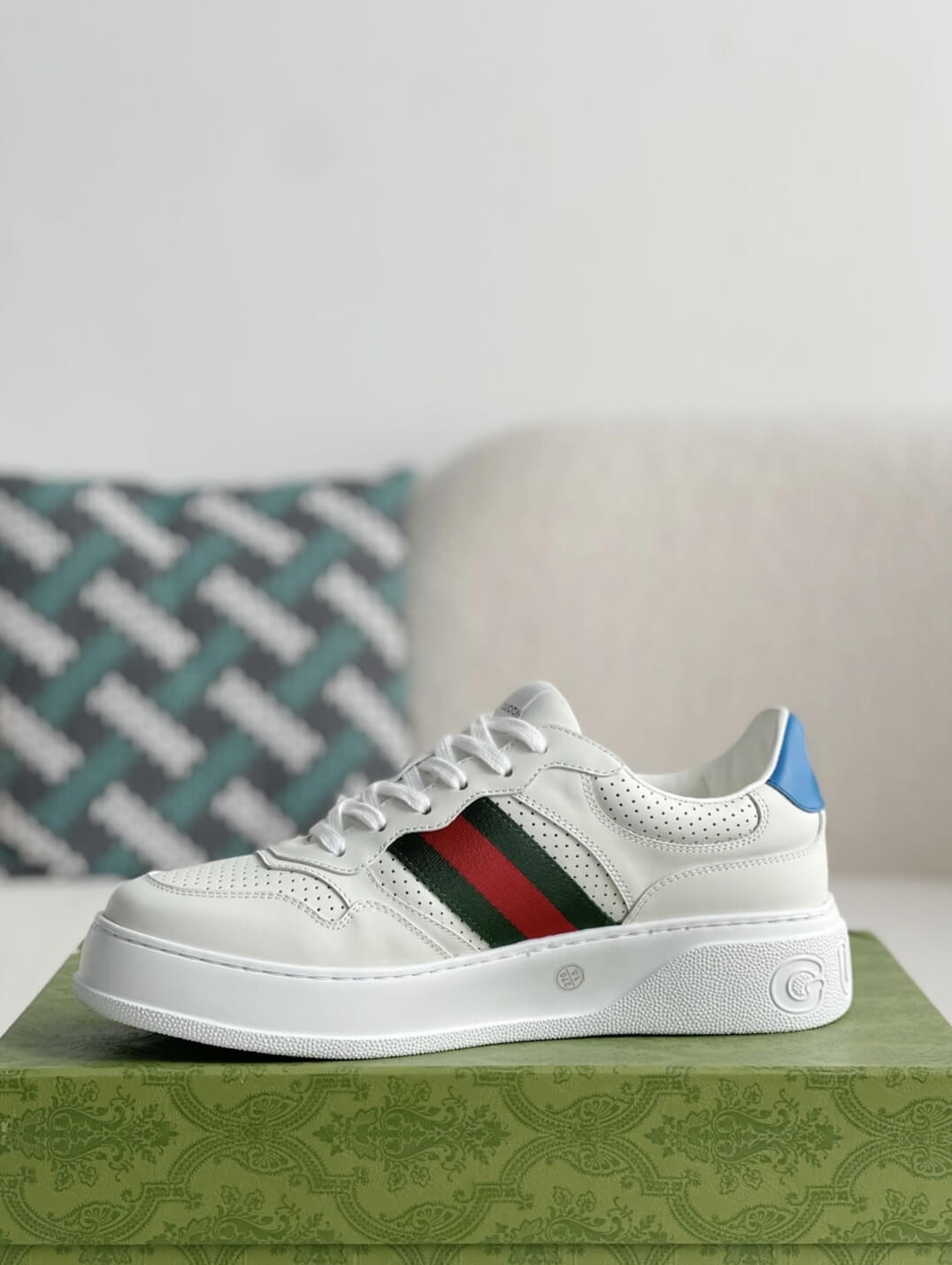Gucci Re-Web Sneaker – White Leather with Green & Red Web – HolloShoe