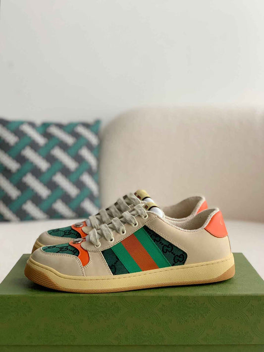 Gucci Screener Sneaker – Beige Leather with Green & Orange Web
