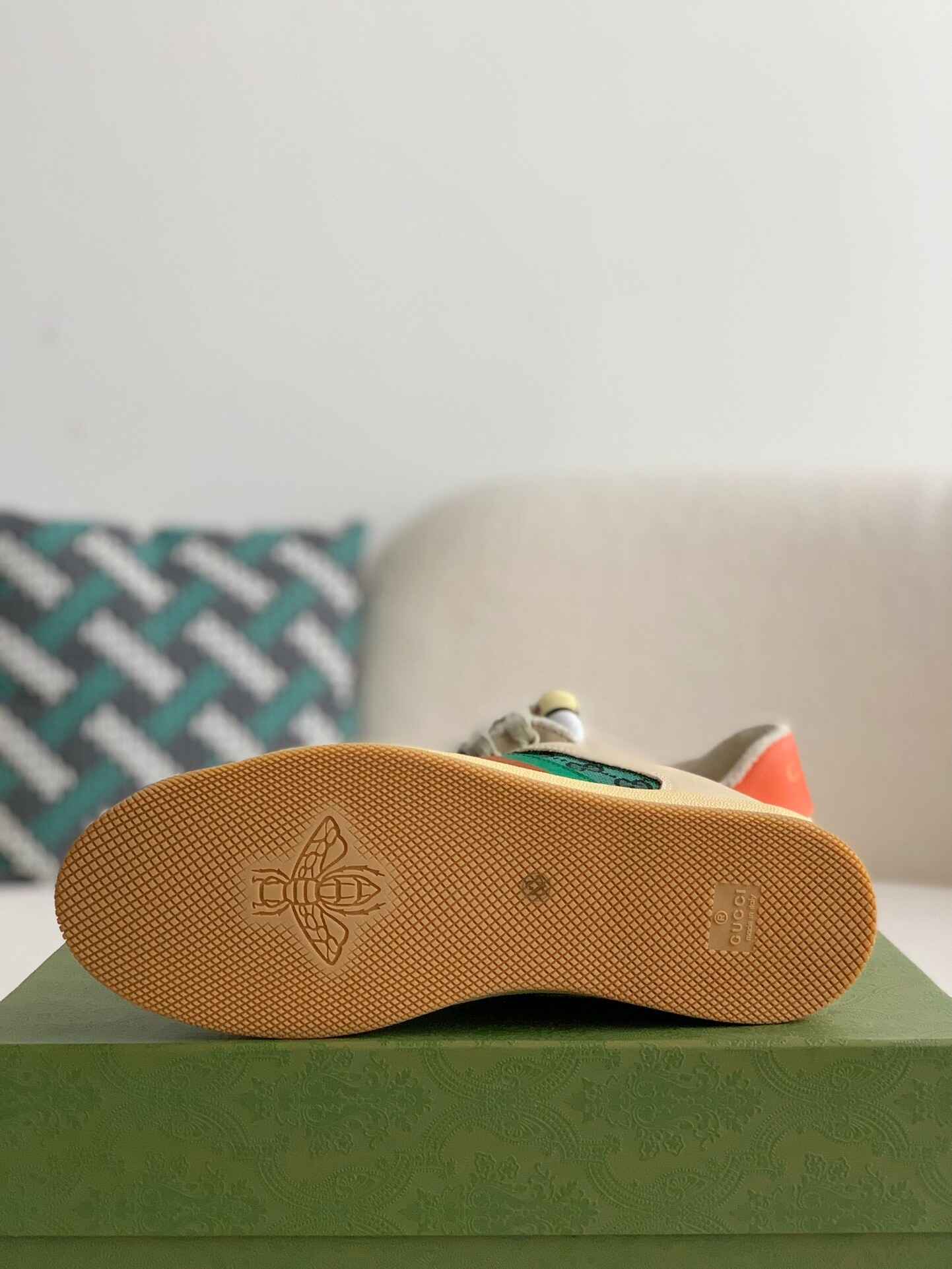 Gucci Screener Sneaker – Beige Leather with Green & Orange Web
