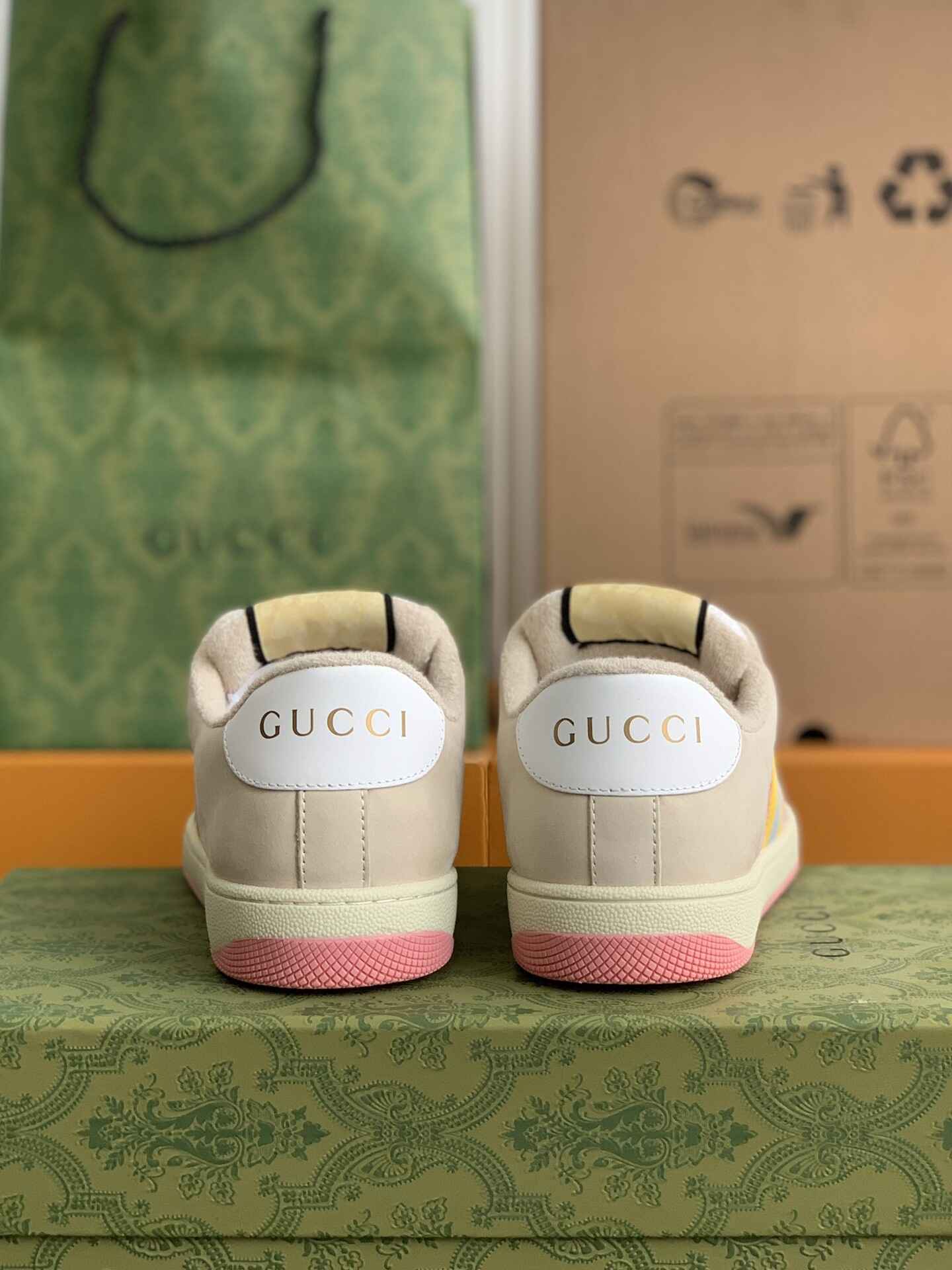 Gucci Screener Sneaker – Beige & Pink GG Canvas with Blue/Yellow Web