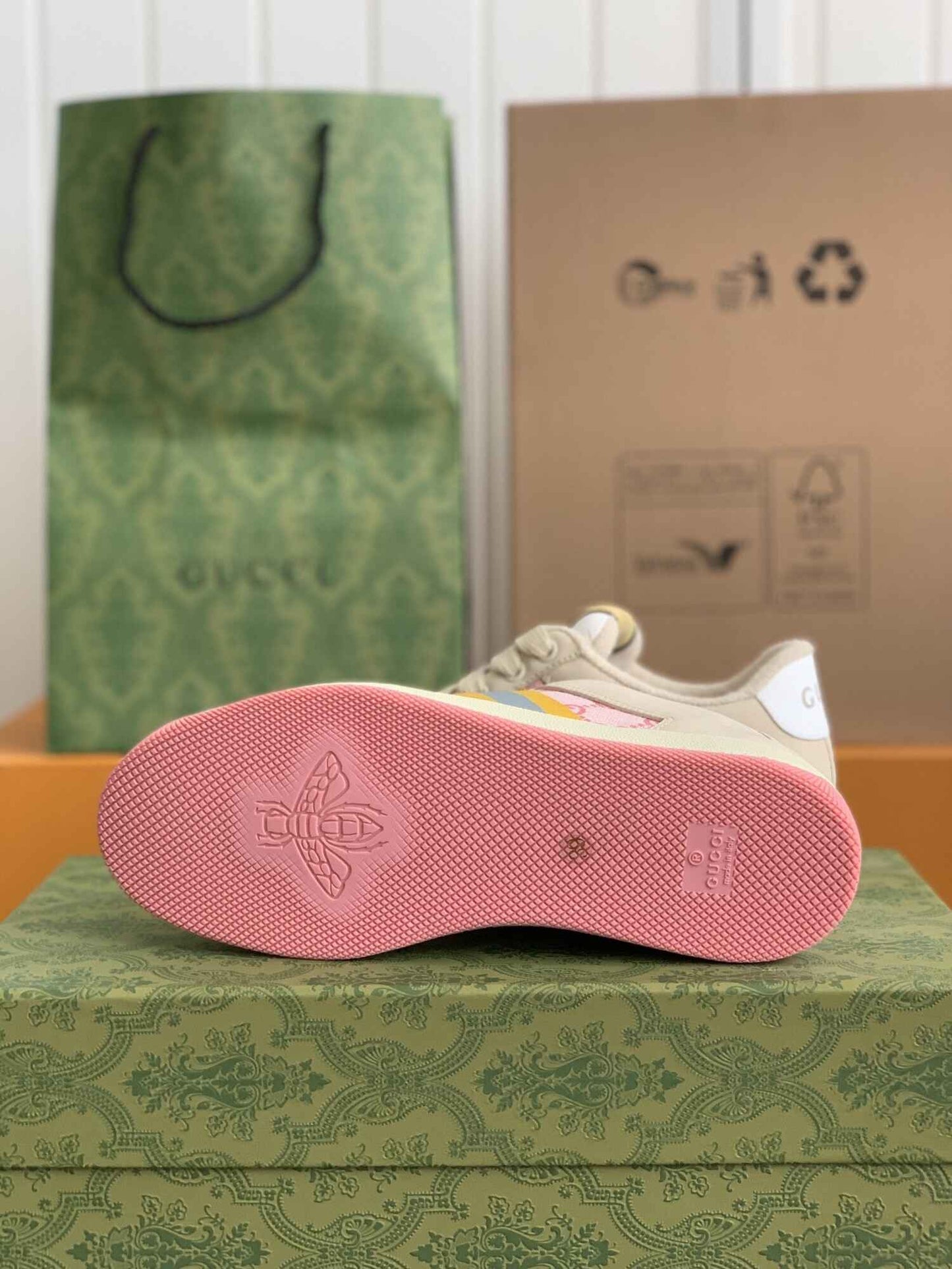 Gucci Screener Sneaker – Beige & Pink GG Canvas with Blue/Yellow Web