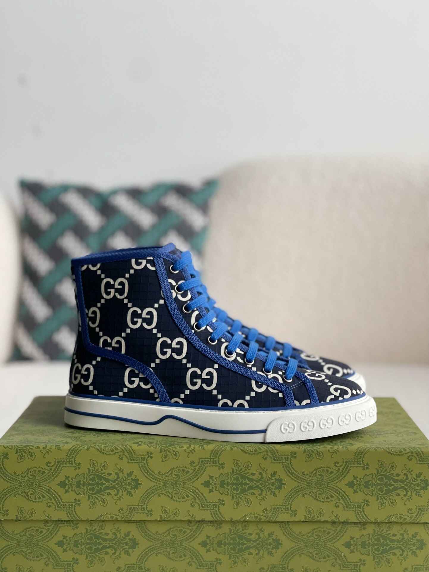 Gucci Tennis 1977 High-Top Sneaker – Blue & White GG Nylon