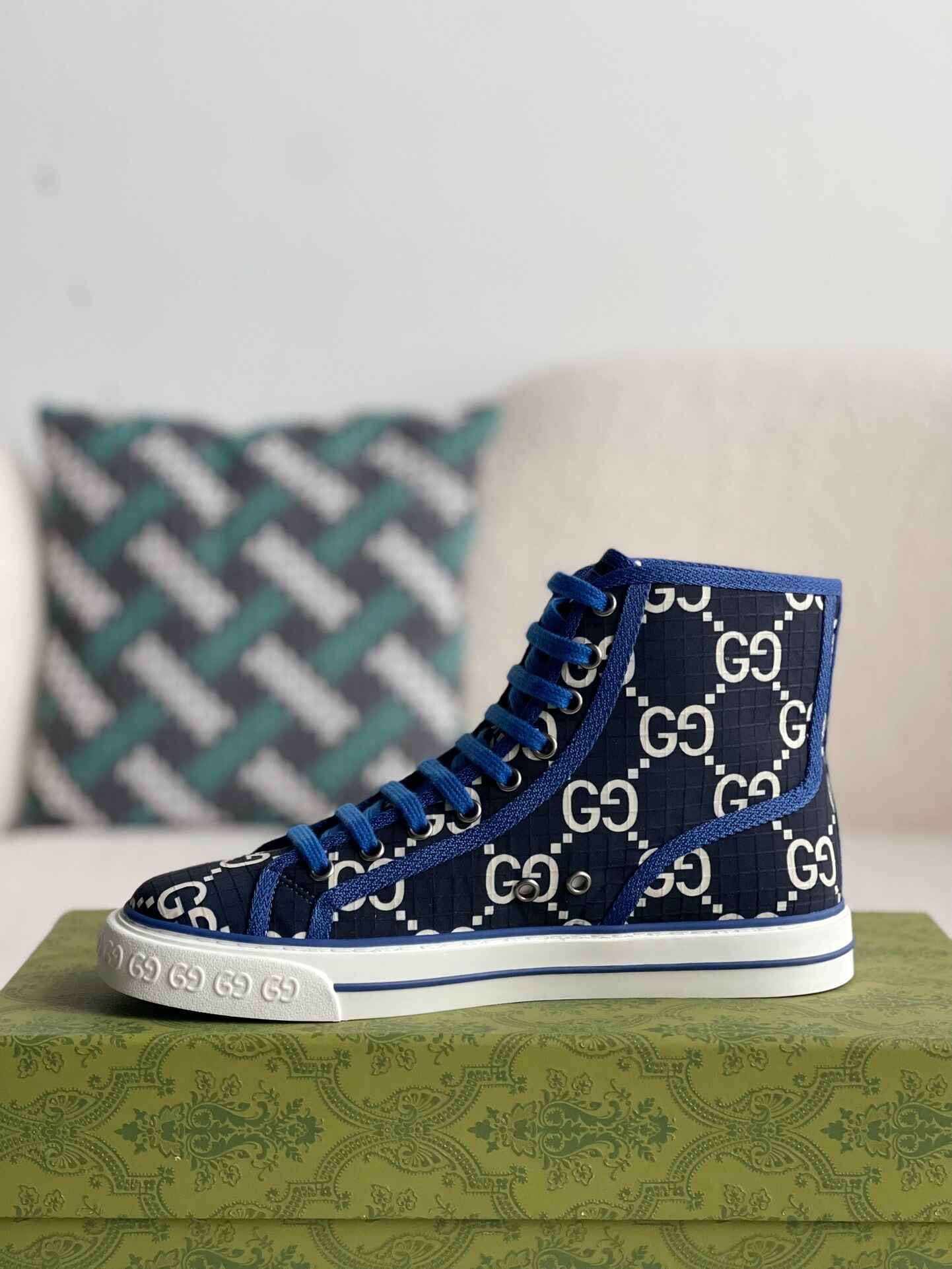 Gucci Tennis 1977 High-Top Sneaker – Blue & White GG Nylon