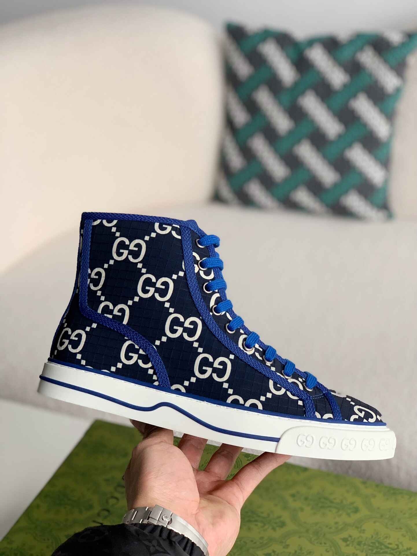 Gucci Tennis 1977 High-Top Sneaker – Blue & White GG Nylon