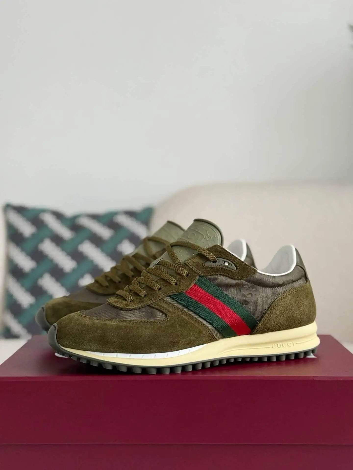 Gucci Web Runner Sneaker – Olive Green GG Canvas & Suede