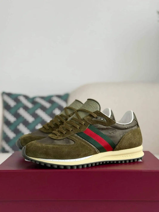 Gucci Web Runner Sneaker – Olive Green GG Canvas & Suede