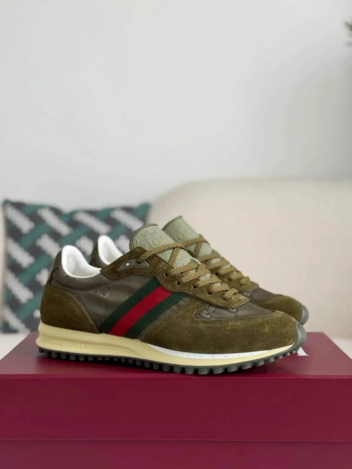Gucci Web Runner Sneaker – Olive Green GG Canvas & Suede