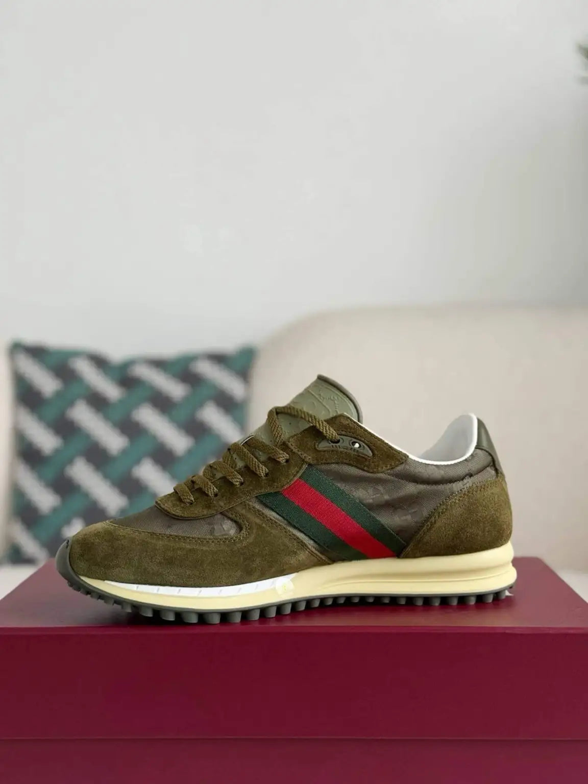 Gucci Web Runner Sneaker – Olive Green GG Canvas & Suede