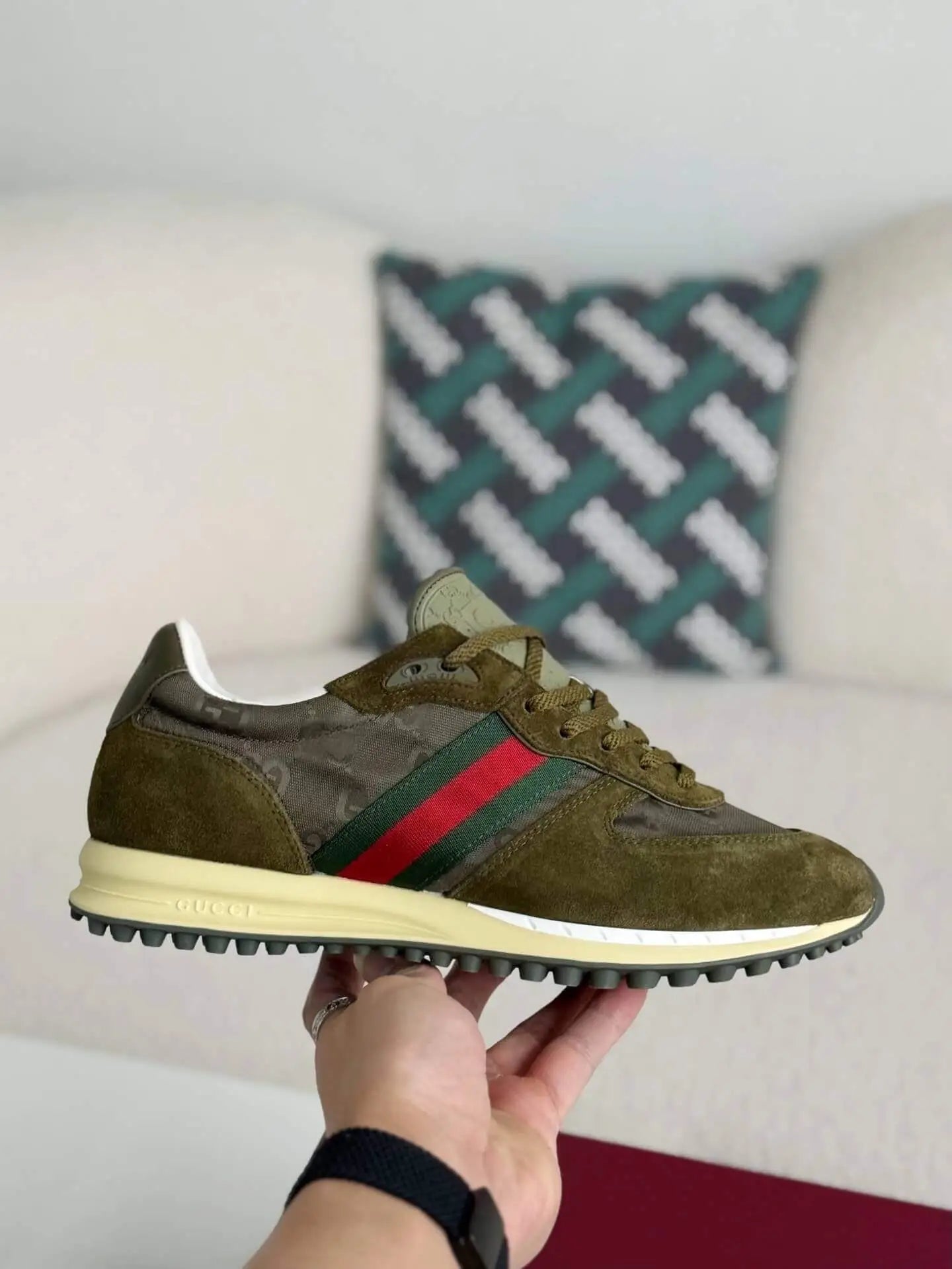 Gucci Web Runner Sneaker – Olive Green GG Canvas & Suede