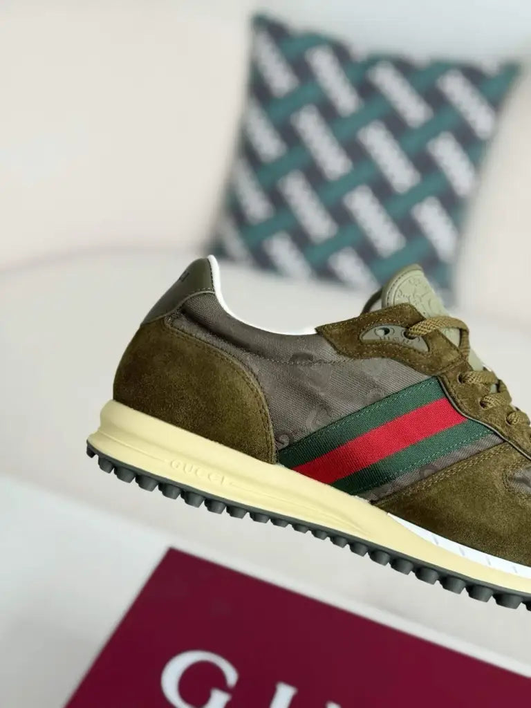 Gucci Web Runner Sneaker – Olive Green GG Canvas & Suede