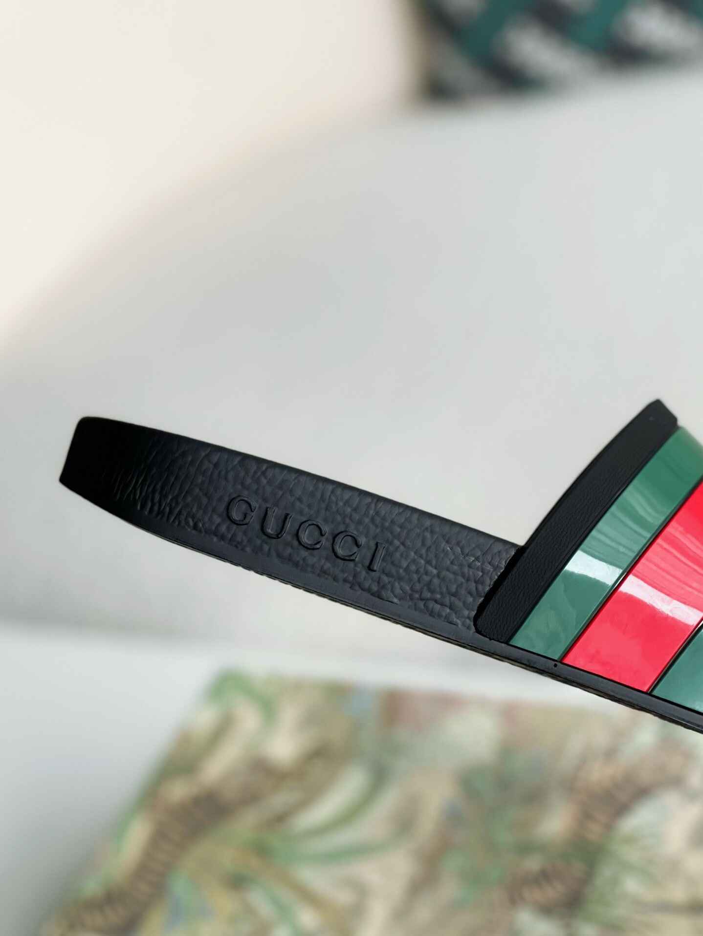 Gucci Web Slide Sandal – Black Rubber with Green & Red Web