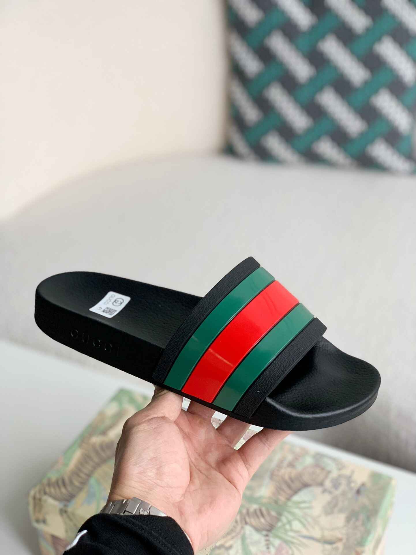 Gucci Web Slide Sandal – Black Rubber with Green & Red Web