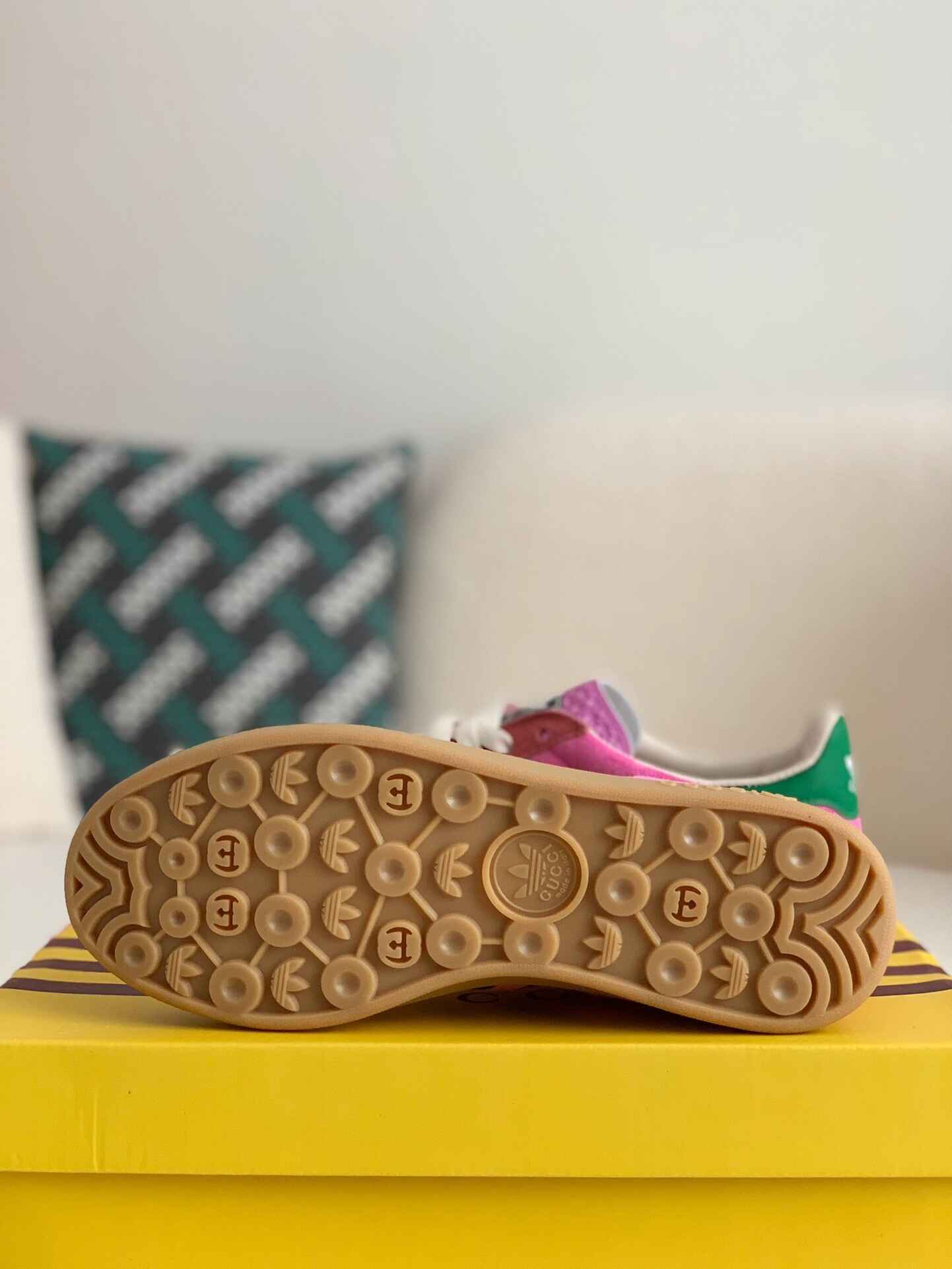 Adidas x Gucci Gazelle Sneaker in Pink Suede with Black Stripes and Gr Hollo Shoe Adidas x Gucci Gazelle Sneaker in Pink Suede with Black Stripes and Gr Hollo Shoe