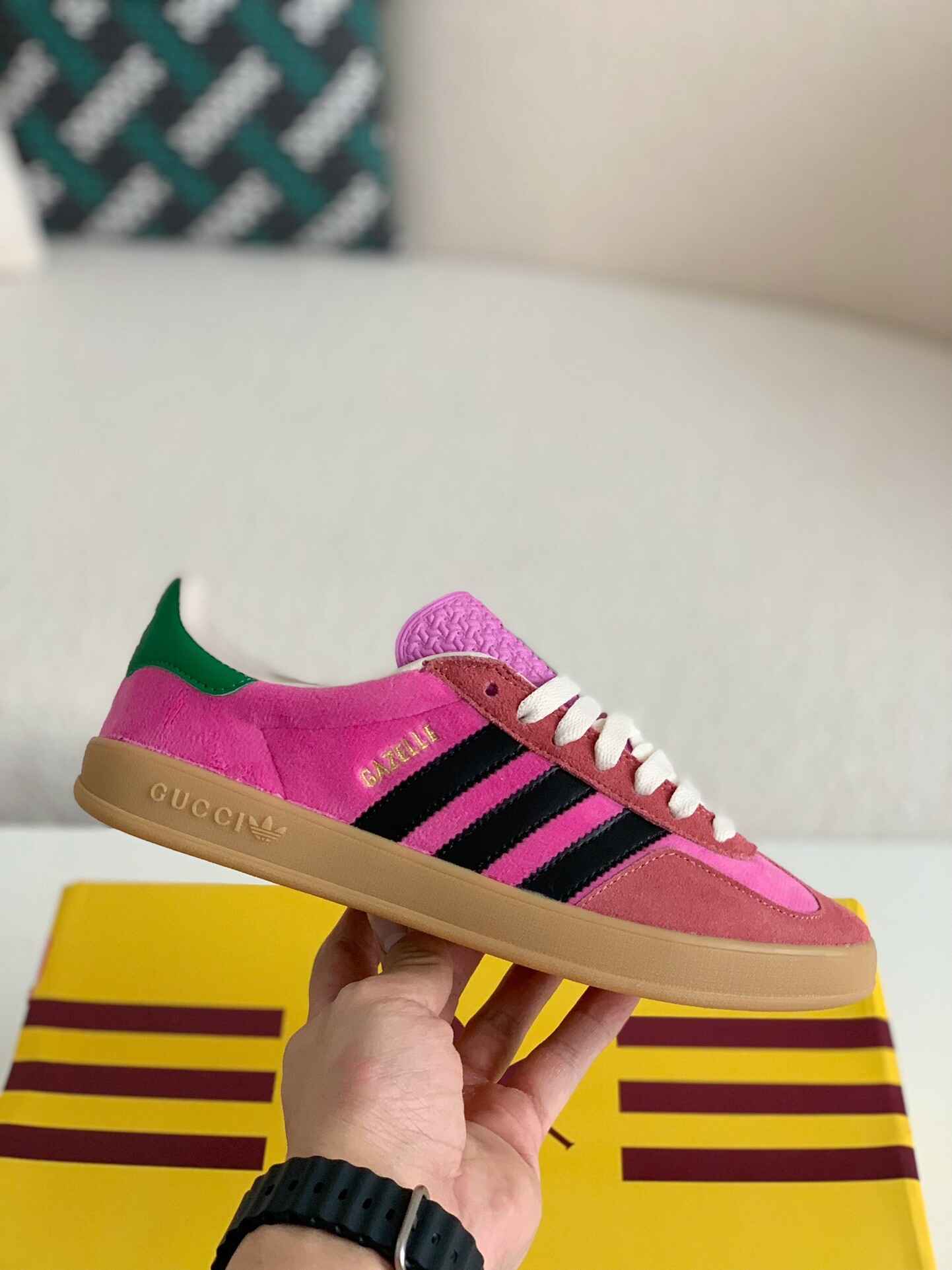 Adidas x Gucci Gazelle Sneaker in Pink Suede with Black Stripes and Gr Hollo Shoe Adidas x Gucci Gazelle Sneaker in Pink Suede with Black Stripes and Gr Hollo Shoe