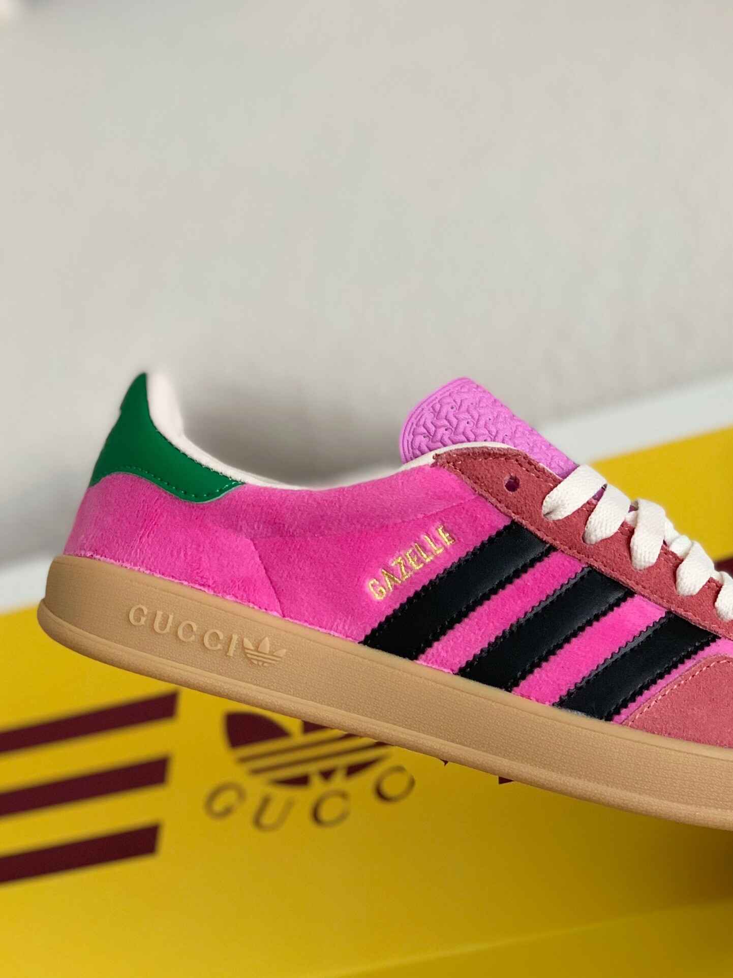 Adidas x Gucci Gazelle Sneaker in Pink Suede with Black Stripes