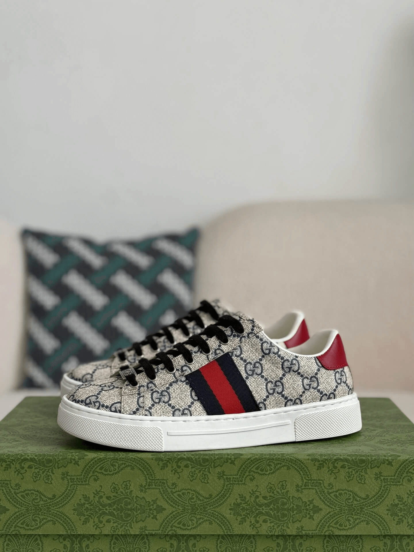 Gucci Ace Sneaker GG Supreme Canvas with Web Stripe and Red Heel Tab