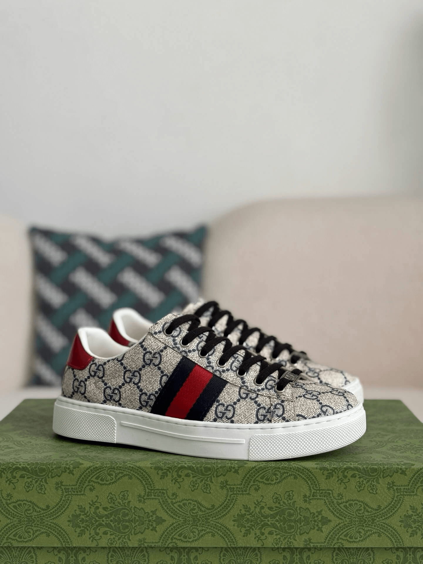 Gucci Ace Sneaker GG Supreme Canvas with Web Stripe and Red Heel Tab