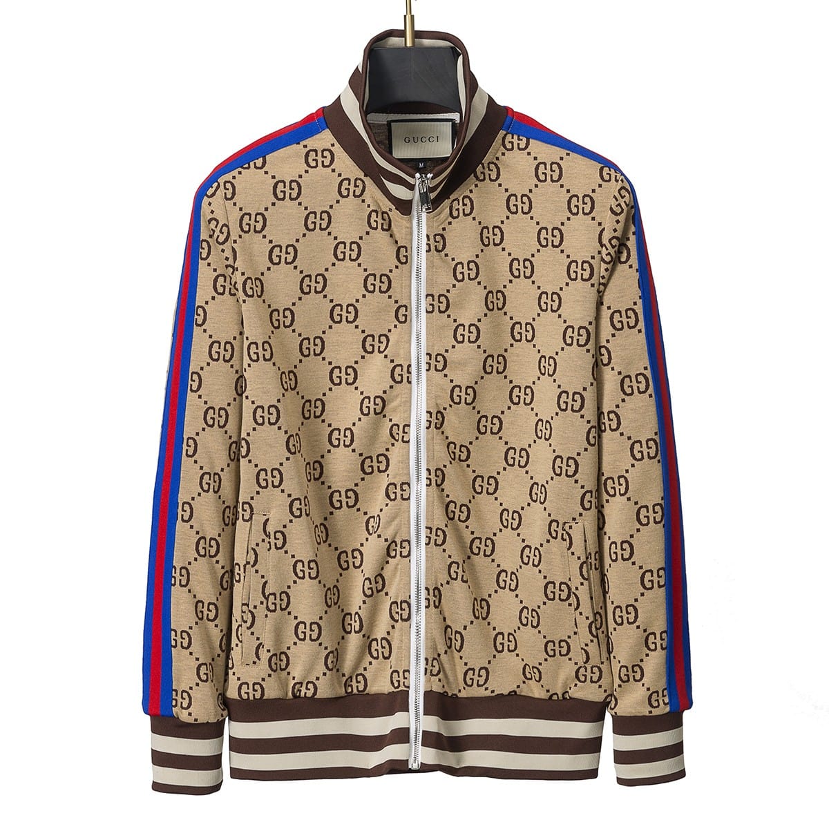 Gucci GG Supreme Logo Jacquard Tracksuit Beige Zip-Up Jacket and 