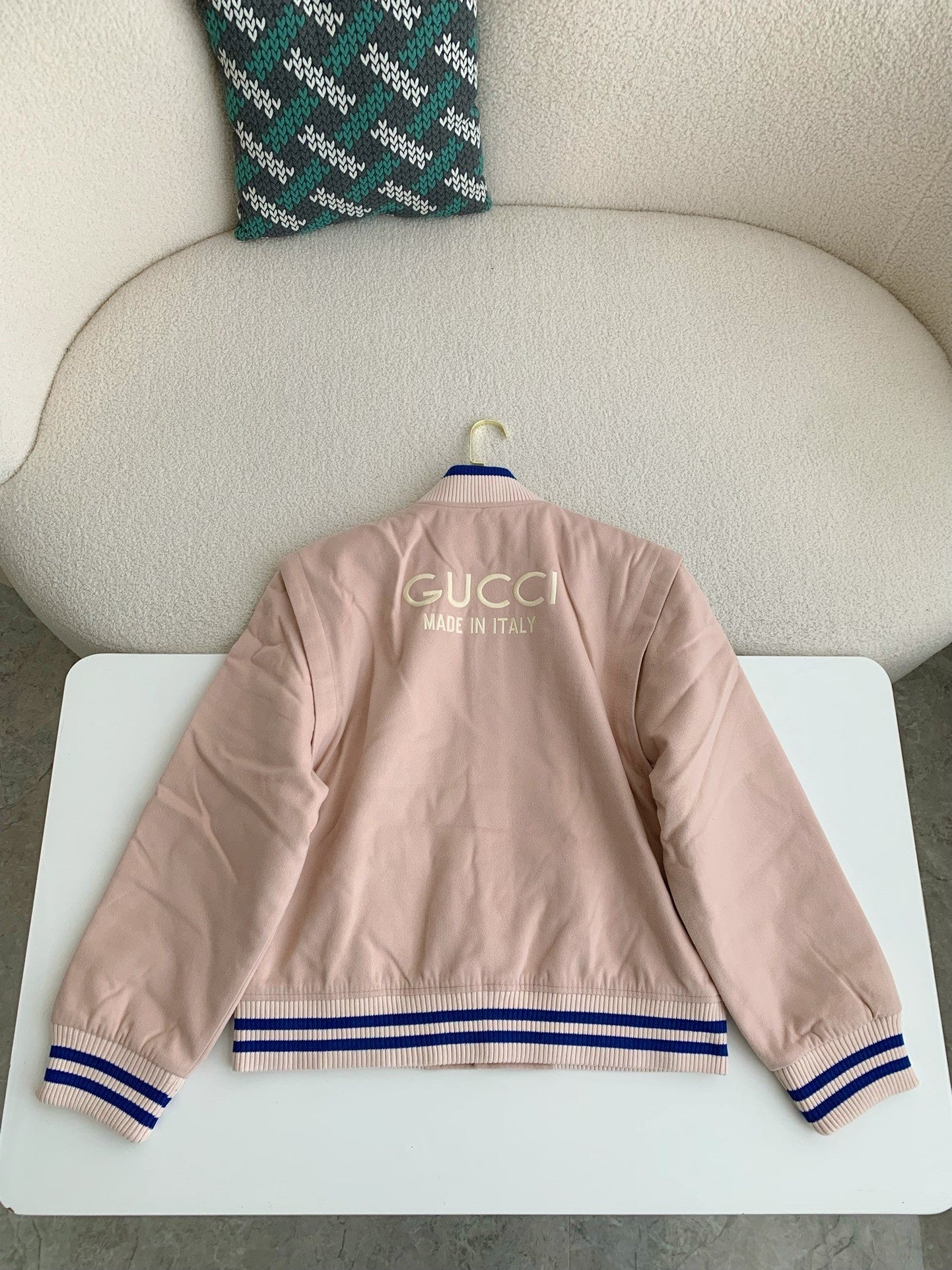 Gucci logo embroidered Pink Wool Bomber Jacket Hollo Shoe