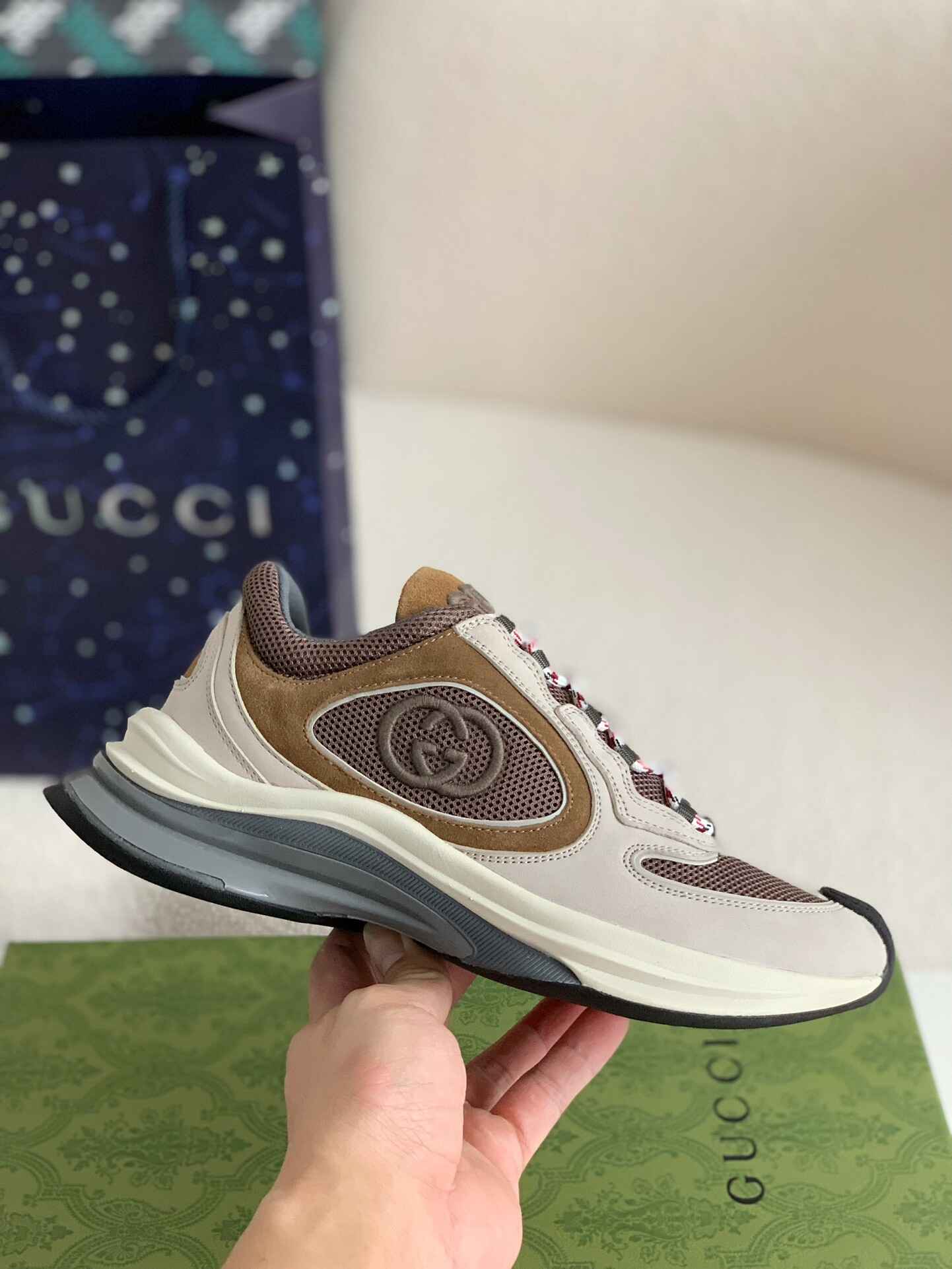 Gucci GG Run Beige Brown Trainer Sneakers.