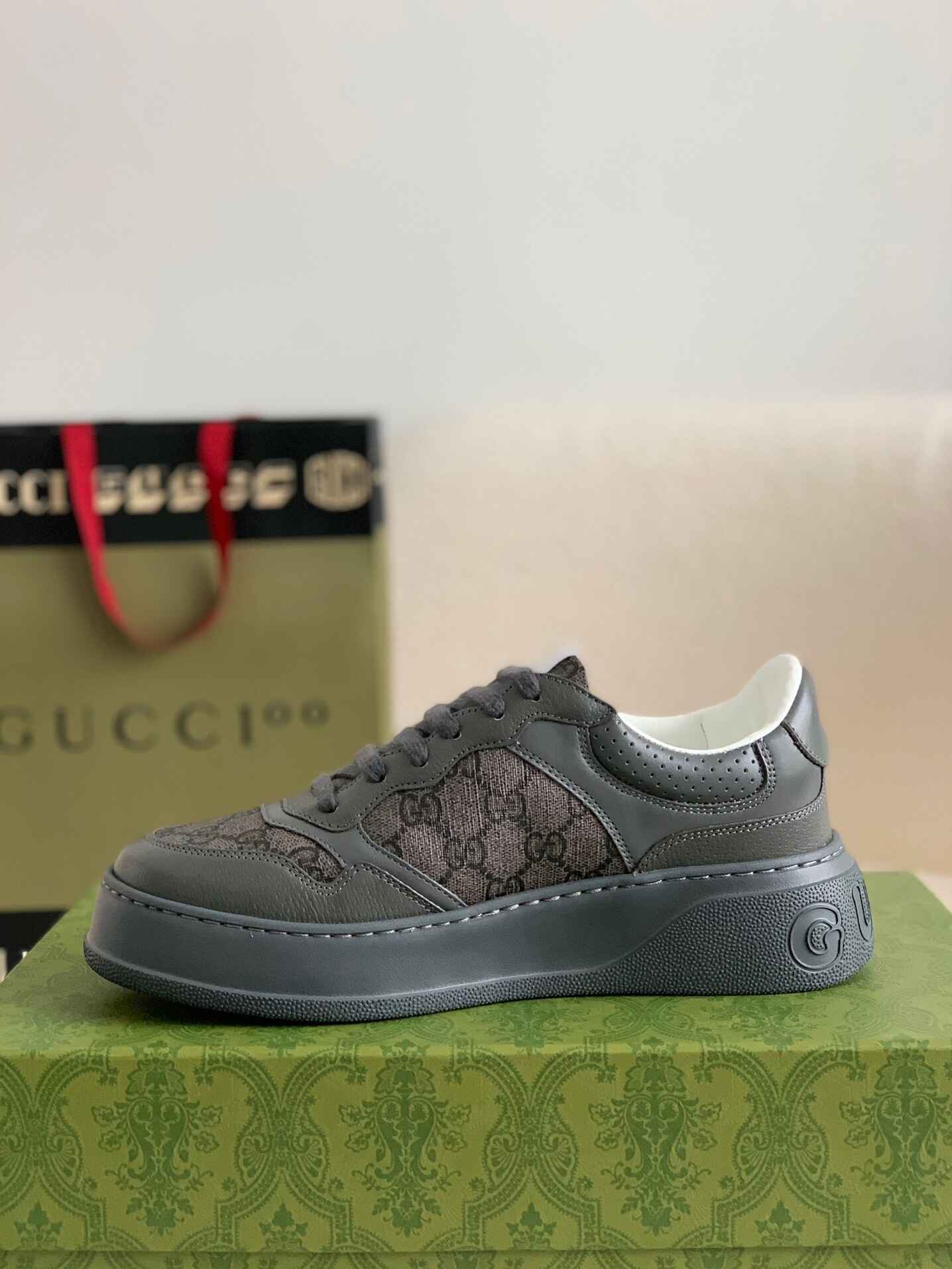 Gucci GG Monogram Chunky Gray Lace Up Sneakers