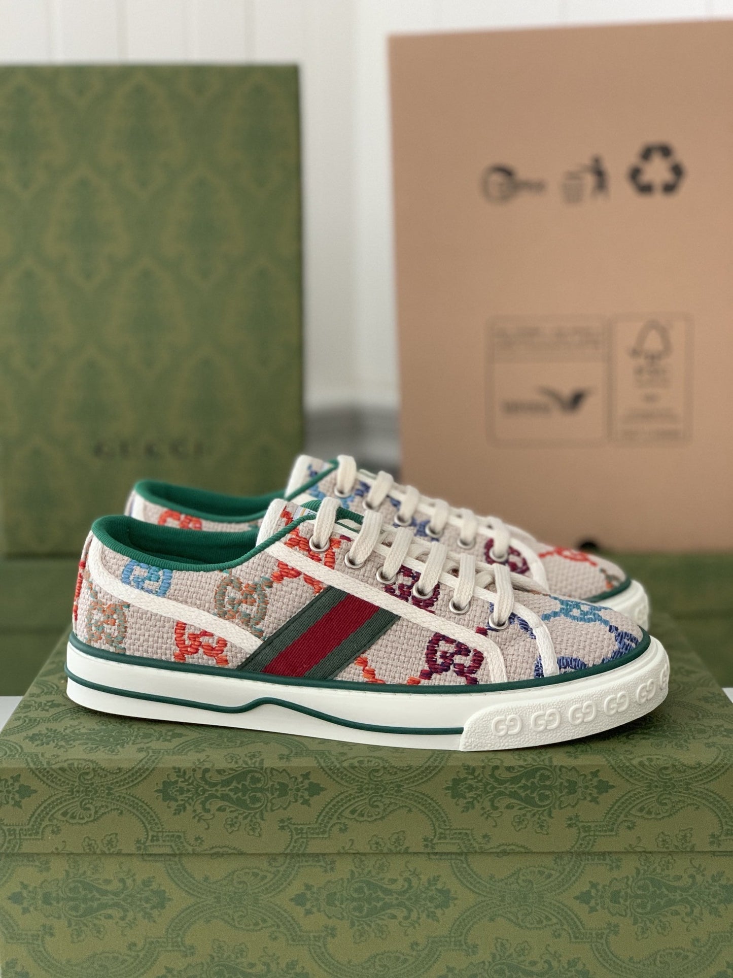 Gucci GG Tennis 1977 White Multicolour Trainer Low-Top Sneakers.