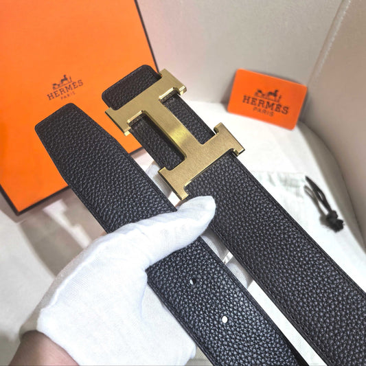 HERMES Black Leather Constance Buckle Belt - Brushed Gold Hardware