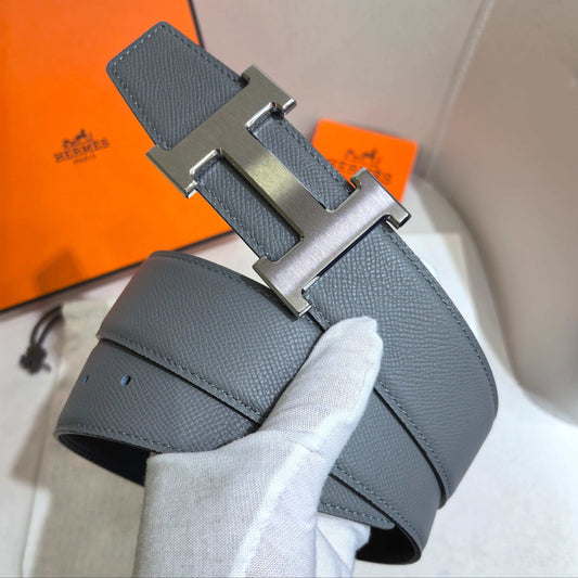 HERMES Silver Large Classic Black & Gray Reversible Belt 32 mm