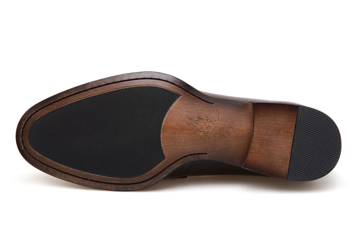 Hand-Burnished Brown Leather Penny Loafer – underside view, showing the leather outsole with a discreet rubber insert for confident grip.