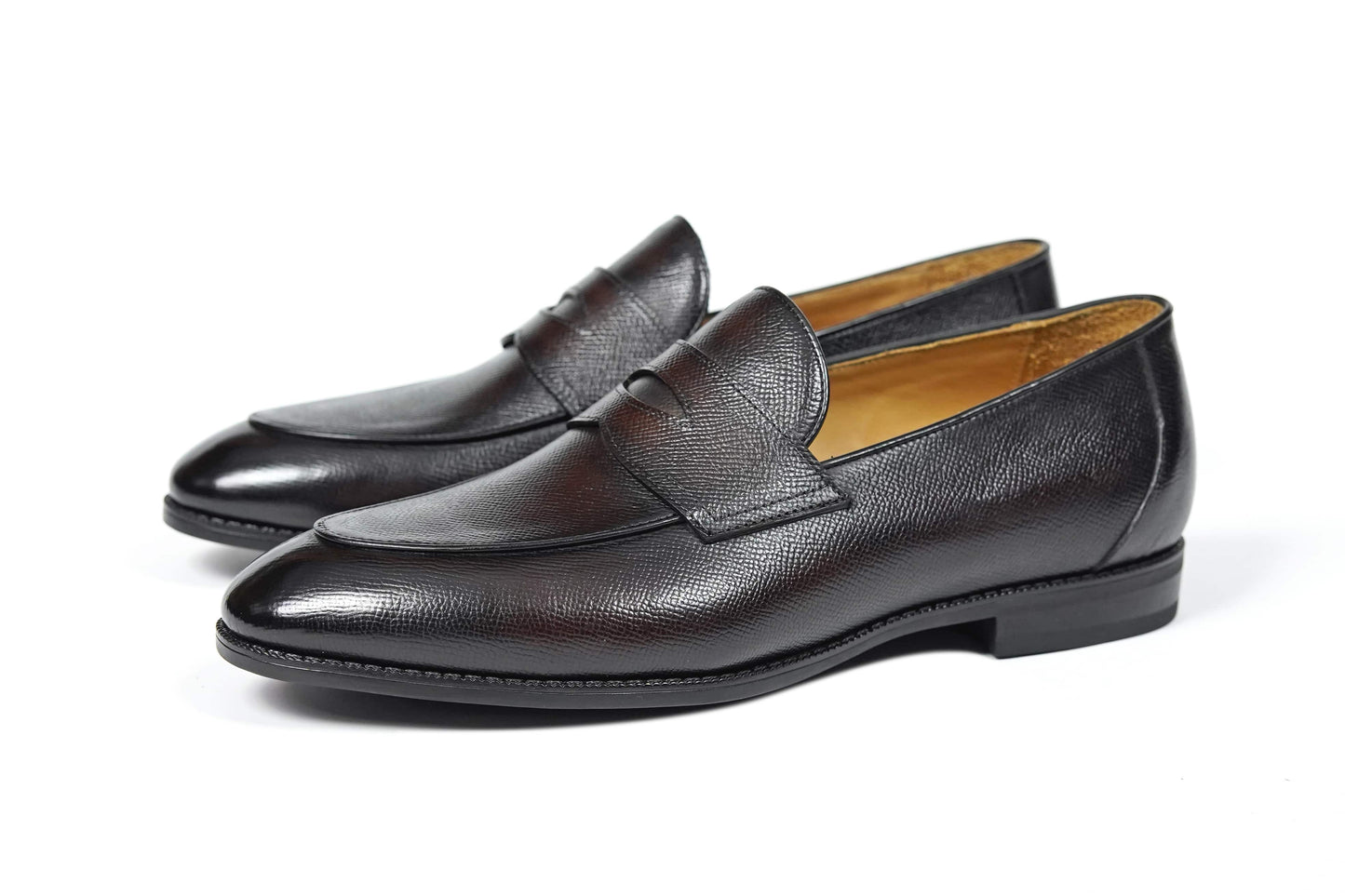 Hand-Finished Espresso Brown Leather Penny Loafers – pair on white background, highlighting full-grain textured leather and elegant silhouette.