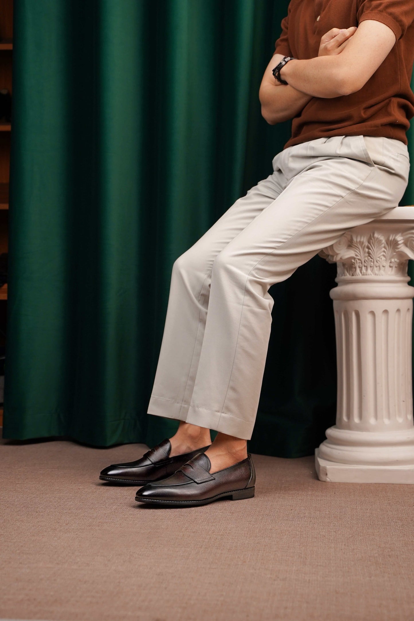 Hand-Finished Espresso Brown Leather Penny Loafers – worn by a man in light trousers, showcasing elegant everyday wear and sophisticated urban style.