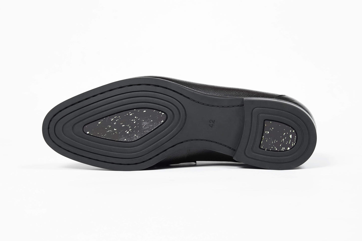 Hand-Finished Espresso Brown Leather Penny Loafers – underside view of the durable black rubber sole with speckled traction pads for silent grip and longevity.