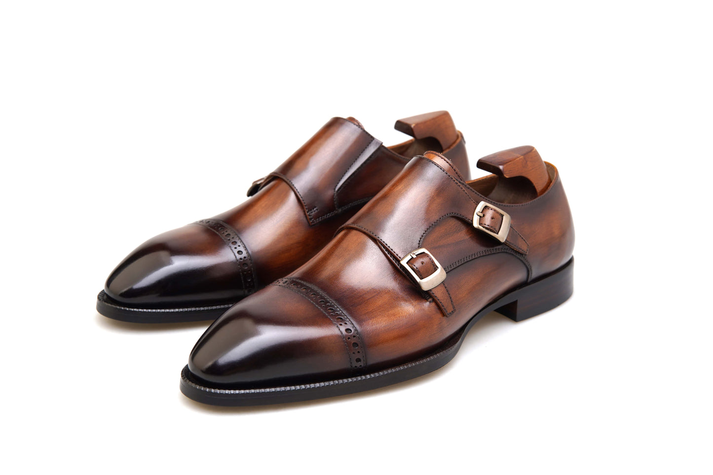 Hand-Polished Brown Double Monk Strap Shoes – side view on white background, highlighting rich hand-polished brown leather and bold double monk strap design