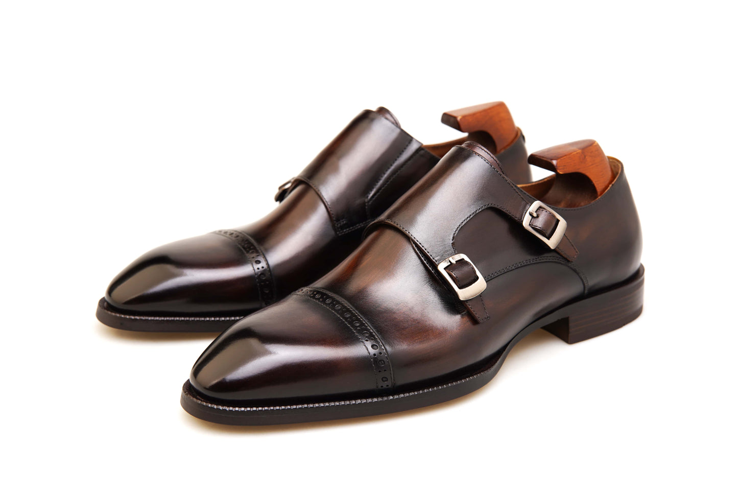 Hand-Polished Smoked Chocolate Double Monk Strap Shoes – pair with shoe trees, angled view, highlighting "Smoked Chocolate" hand-polished leather and subtle tonal variations.
