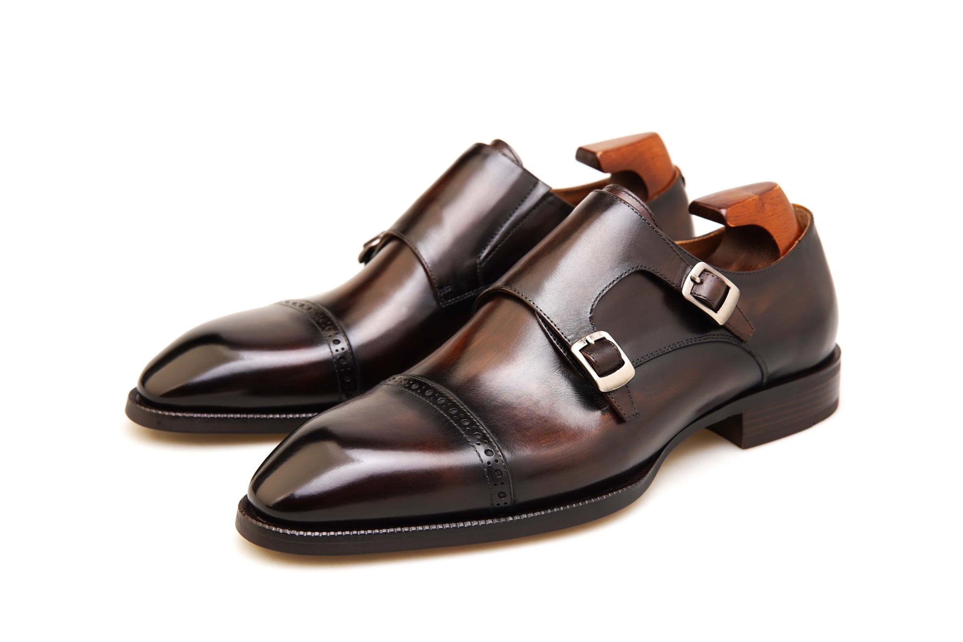 Hand-Polished Smoked Chocolate Double Monk Strap Shoes – pair with shoe trees, angled view, highlighting "Smoked Chocolate" hand-polished leather and subtle tonal variations.